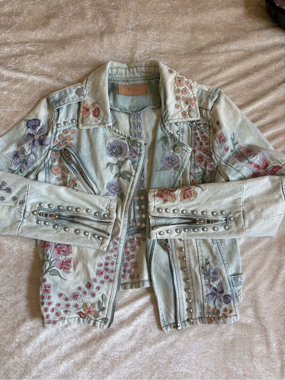 Embellished BlankNYC Light Wash Denim Moto Jacket